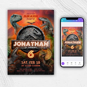 Puede incluir: Invitaci&oacute;n a una fiesta de cumplea&ntilde;os con tem&aacute;tica de dinosaurios con ilustraciones de dinosaurios y el texto "JONATHAN CUMPLE 6". El dise&ntilde;o incluye la fecha, hora y lugar de la fiesta.
