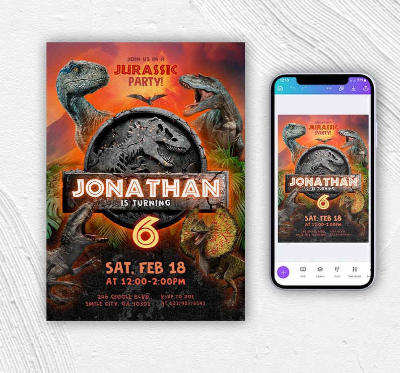 Puede incluir: Invitaci&oacute;n a una fiesta de cumplea&ntilde;os con tem&aacute;tica de dinosaurios con ilustraciones de dinosaurios y el texto "JONATHAN CUMPLE 6". El dise&ntilde;o incluye la fecha, hora y lugar de la fiesta.