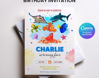Invitación de cumpleaños para niño imprimible / Invitación de cumpleaños de Nemo / Invitación editable / Descarga instantánea / Fiesta de cumpleaños oceánica