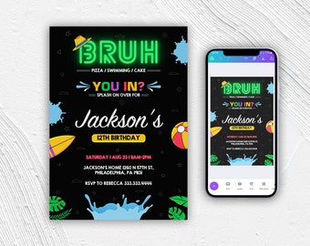 Invitación de cumpleaños imprimible "Bruh", invitación de cumpleaños para gamer, cumpleaños de adolescente, plantilla de invitación "Bruh, es mi cumpleaños", fiesta de adolescentes, amigo.