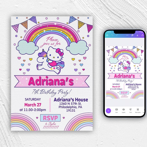 Kitten birthday invitation, printable birthday invite, kawaii girl birthday invitation, instant download, kitty digital template