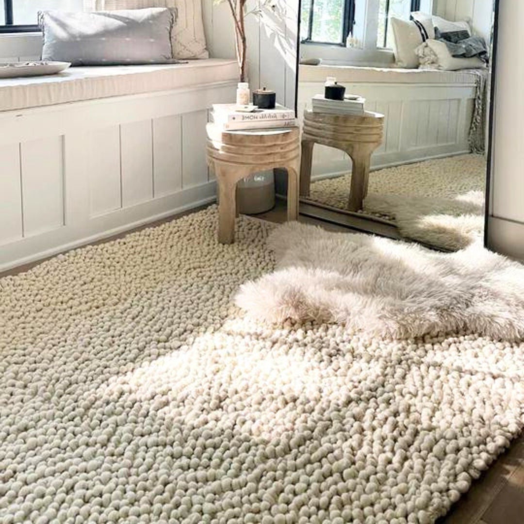 Handwoven Chunky Wool Rug, Boucle Texture Loop Rug, Handmade off White