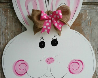 Large Wooden Easter Bunny Door Hanger Decor Art Hand Painted