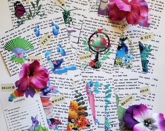 May include: A collage of vintage-style paper ephemera with floral accents, including a butterfly, a globe, and text from a book. The arrangement features pink and purple flowers, and cards with text like "WISH" and "TRY".