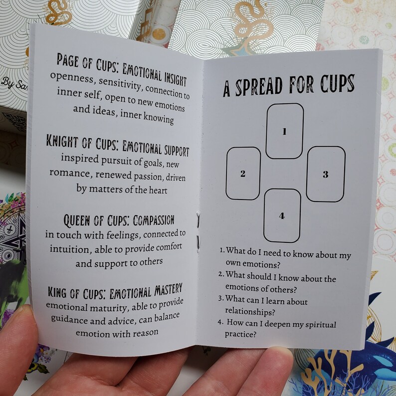 May include: A white booklet with a black and white spread for cups tarot card reading. The booklet includes descriptions of the meaning of each card in the spread. The spread includes four cards numbered 1 through 4. The text on the booklet reads "A Spread for Cups".