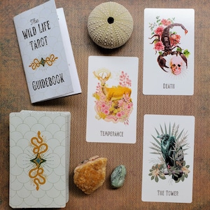 May include: A set of tarot cards with a guidebook, featuring a variety of illustrations. The cards include images of a scorpion, a deer, a bird, and a tower. The guidebook has the title "The Wild Life Tarot Guidebook".