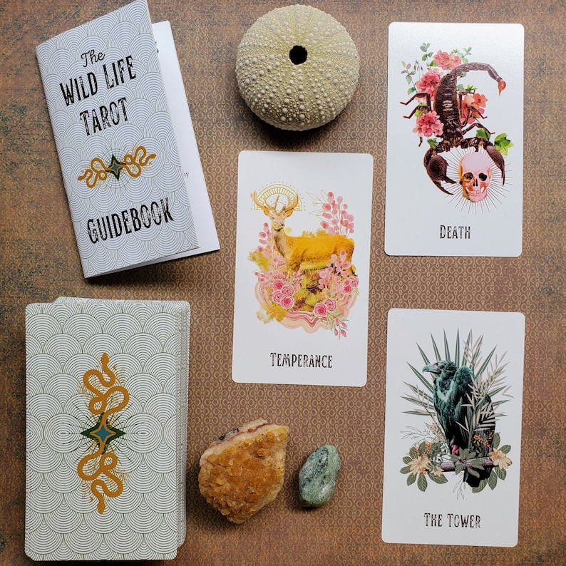 May include: A set of tarot cards with a guidebook, featuring a variety of illustrations. The cards include images of a scorpion, a deer, a bird, and a tower. The guidebook has the title "The Wild Life Tarot Guidebook".