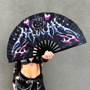 Chrome Kitty Rave Fan: Edgy Y2K Festival Accessory - Kawaii Hand Fan