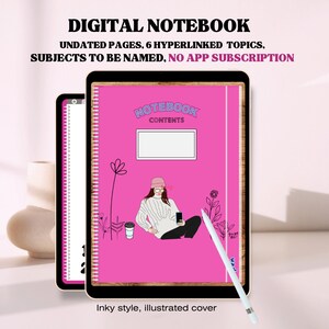 Könnte beinhalten: Eine digitale Notizbuch-App mit einem rosa Cover, das eine Illustration einer Frau zeigt, die mit einer Tasse Kaffee und einem Telefon sitzt. Der Text auf dem Cover lautet "Notebook Contents".