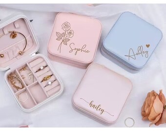 Personalized travel jewelry box, small square earring organizer, bridesmaid gifts box for sister, friend