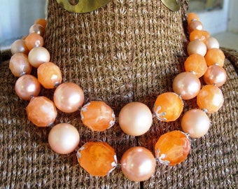 FREE SHIPPING Vintage Necklace Plastic Beaded Orange Choker Style