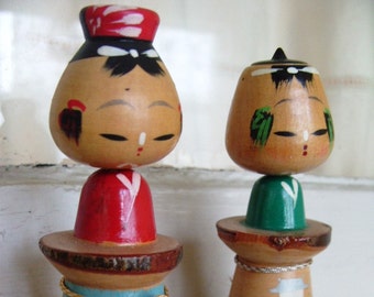 Vintage Kokeshi Doll Set with Handpainted Body
