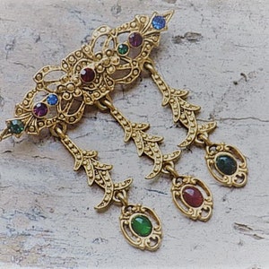 Kostenloser Versand Vintage Gold-Ton Metall Fransen Brosche mit bunten Strass