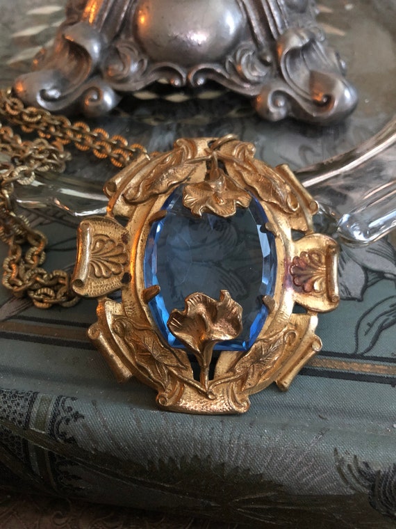 Vintage Art Nouveau Necklace with Blue Cut Glass … - image 5