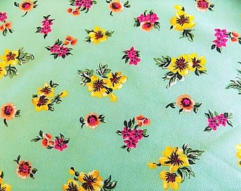 Vintage Polyester Kelly Green Floral Fabric