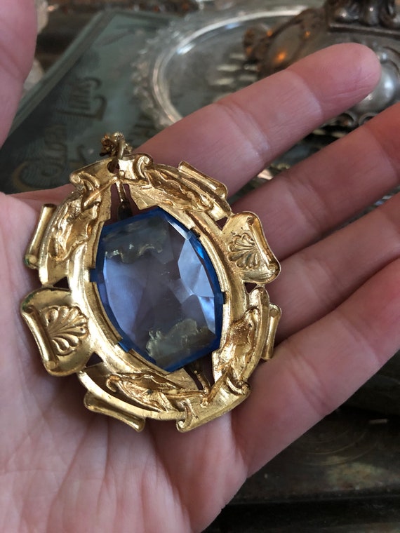 Vintage Art Nouveau Necklace with Blue Cut Glass … - image 4