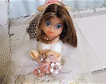 Vintage Handmade Mini Bride Doll Pipe Cleaners Sequins and Push Pins