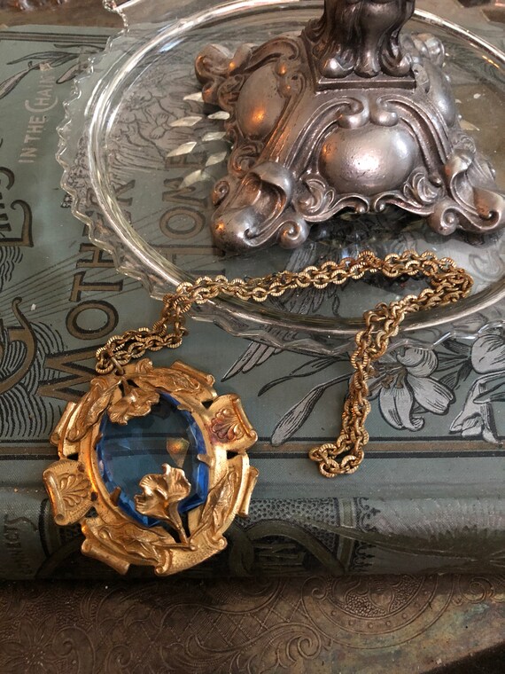 Vintage Art Nouveau Necklace with Blue Cut Glass … - image 3