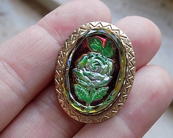 FREE SHIPPING Vintage Reverse Painted Rose Brooch Pin Jewelry