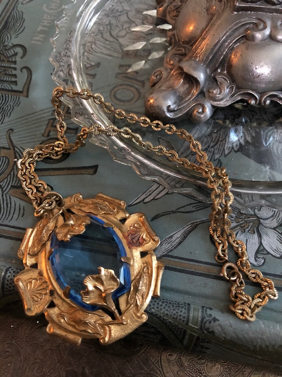 Vintage Art Nouveau Necklace with Blue Cut Glass … - image 7