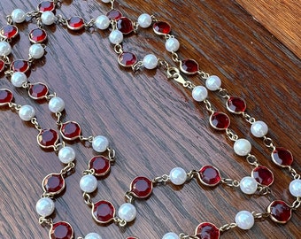 Vintage Red Plastic and Faux Pearl Beaded Necklace