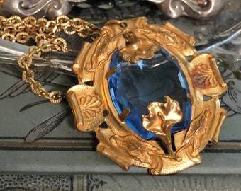 Vintage Art Nouveau Necklace with Blue Cut Glass Stone