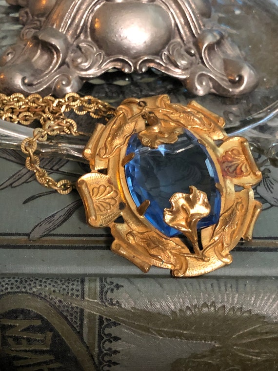 Vintage Art Nouveau Necklace with Blue Cut Glass … - image 1