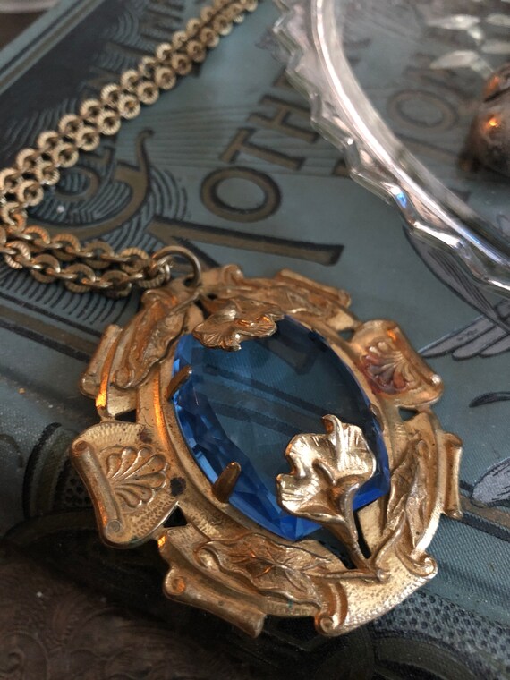 Vintage Art Nouveau Necklace with Blue Cut Glass … - image 6