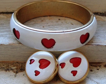 FREE SHIPPING Vintage White Metal Bangle Bracelet with Red Heart Cut Outs and Matching Clip Earrings