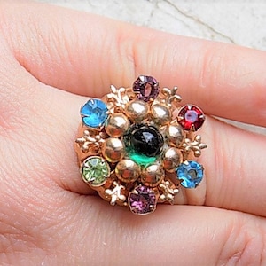 FREE SHIPPING Vintage Adjustable Band Ring with Multi Colored Rhinstones in Ornate Setting