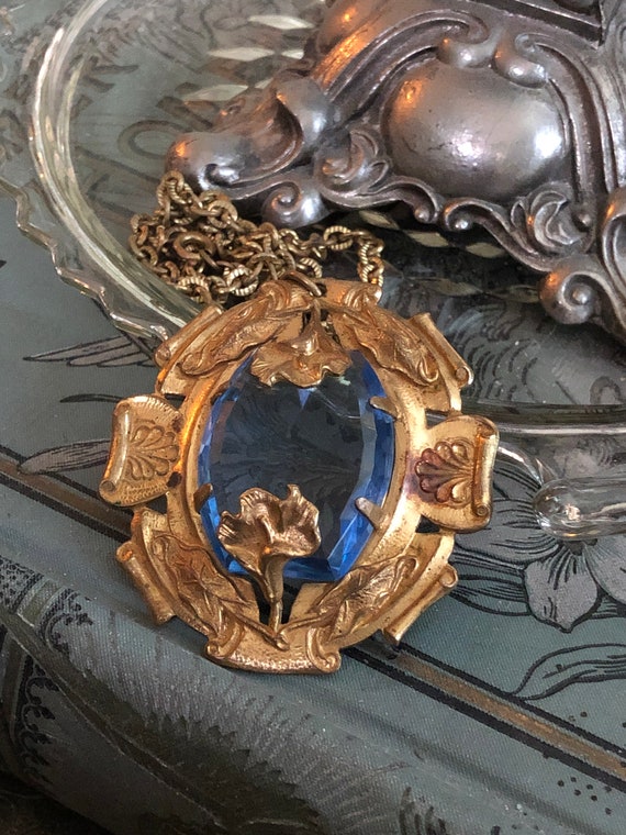 Vintage Art Nouveau Necklace with Blue Cut Glass … - image 2