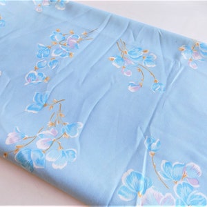 Vintage Light Blue Floral Flower Silky Polyester Fabric image 1