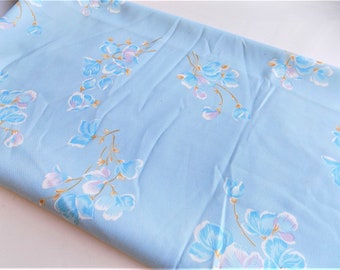 Vintage Light Blue Floral Flower Silky Polyester Fabric