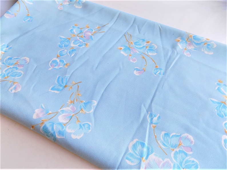 Vintage Light Blue Floral Flower Silky Polyester Fabric image 1