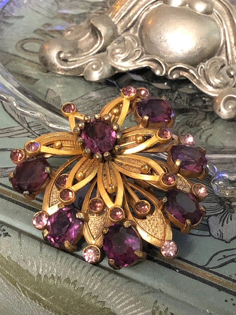 Vintage Art Nouveau Scarf Clip with Amethyst Rhinestones image 1