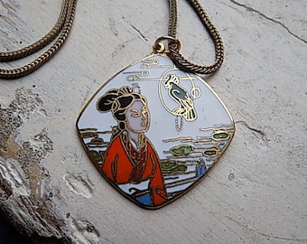 FREE SHIPPING Vintage Cloisonne Geisha Pendant Chain Necklace