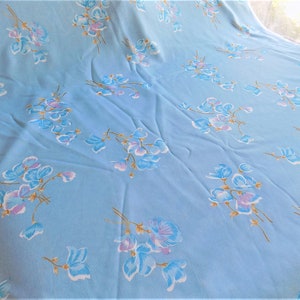Vintage Light Blue Floral Flower Silky Polyester Fabric image 4