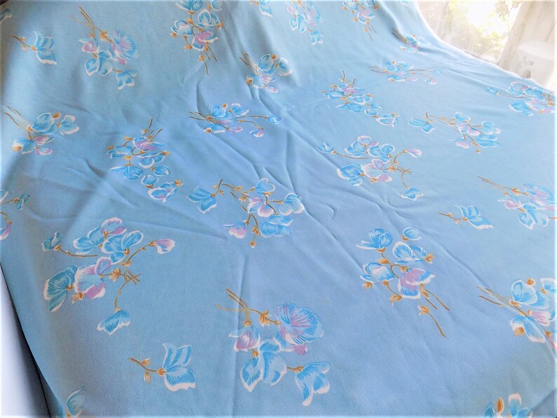 Vintage Light Blue Floral Flower Silky Polyester Fabric image 4