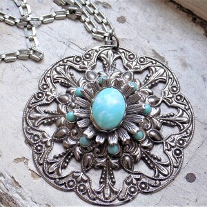 FREE SHIPPING Vintage Silver Tone Metal Stamped Pendant with Faux Marbled Turquoise Accents and Chain Necklace