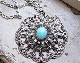 FREE SHIPPING Vintage Silver Tone Metal Stamped Pendant with Faux Marbled Turquoise Accents and Chain Necklace