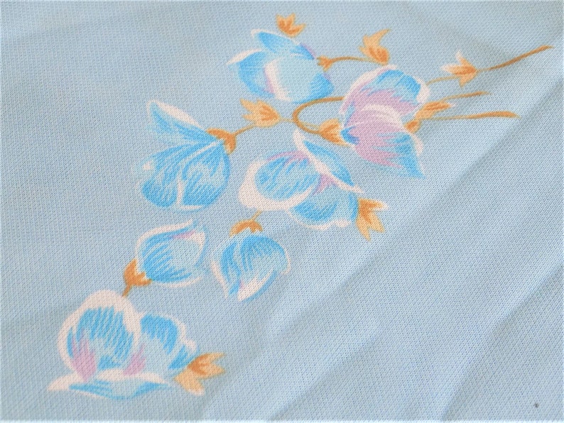Vintage Light Blue Floral Flower Silky Polyester Fabric image 5
