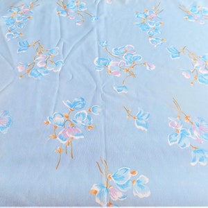 Vintage Light Blue Floral Flower Silky Polyester Fabric image 2