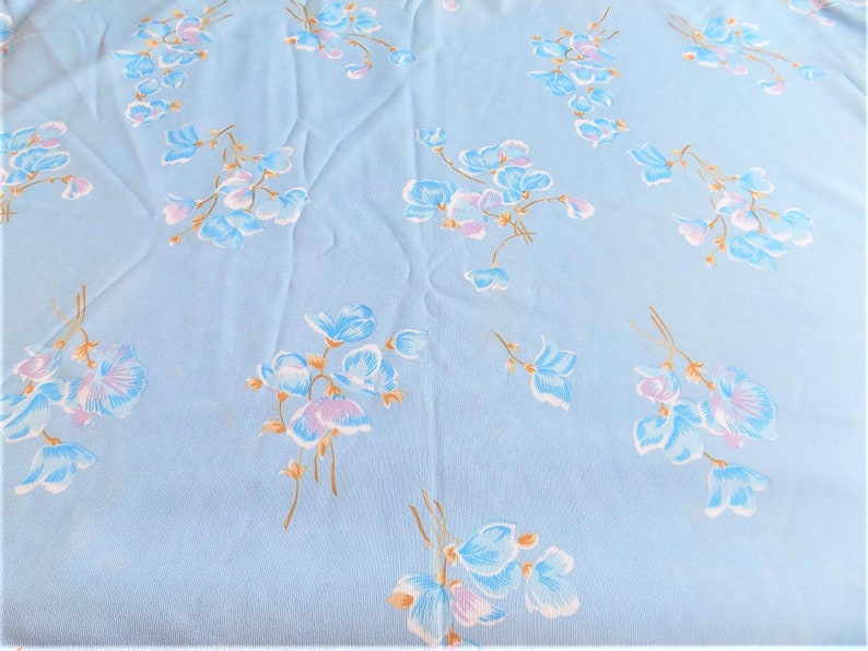 Vintage Light Blue Floral Flower Silky Polyester Fabric image 2