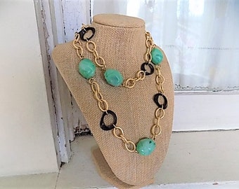 FREE SHIPPING Vintage Goldtone Chain Necklace Black and Green Accents