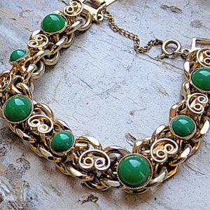 FREE SHIPPING Vintage Gold Tone Chain Bracelet with Green Cabochon Accents