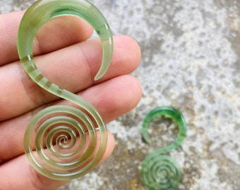 2G | Textured Lime Seaglass | Spiral Hoops | Gauged Glass Body Jewelry for Stretched Piercings by Glassheart
