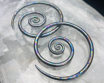 8G | Oil Slick Portland Gray | Spirals | Gauged Glass Body Jewelry for Stretched Piercings by Glassheart