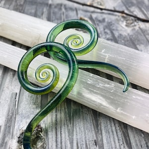 4G | Blue Green Sparkle | Mini Spiral Snakes | Gauged Glass Body Jewelry for Stretched Piercings by Glassheart