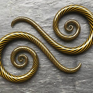 2G | Twisted Black and Yellow | Spiral Snakes - Gauged Glass Body Jewelry for Stretched Piercings by Glassheart