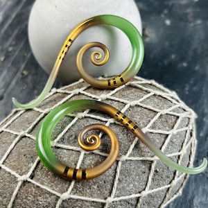 2G |22K Gold Textured Emerald | Spiral Snakes  - Gauged Glass Body Jewelry for Stretched Piercings by Glassheart